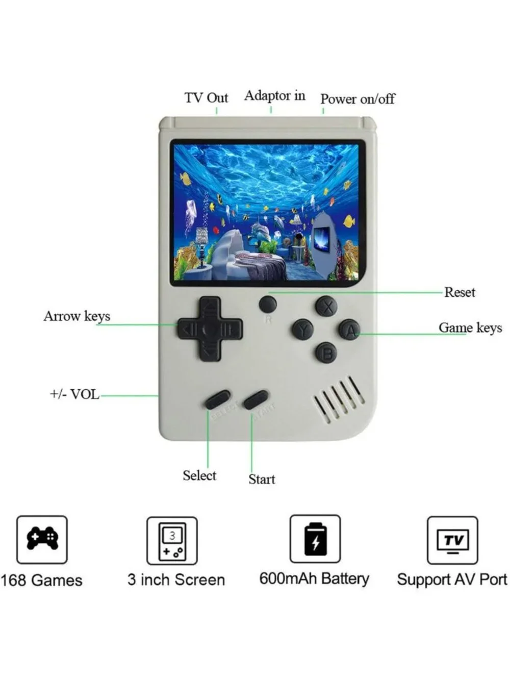 Retro Handheld Game Console, 168 Classic 8-Bit Games, 3